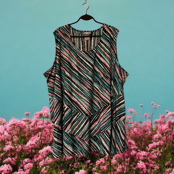 Catherines Teal/Pink/Black Striped Sleeveless Top - Picture 4 of 10